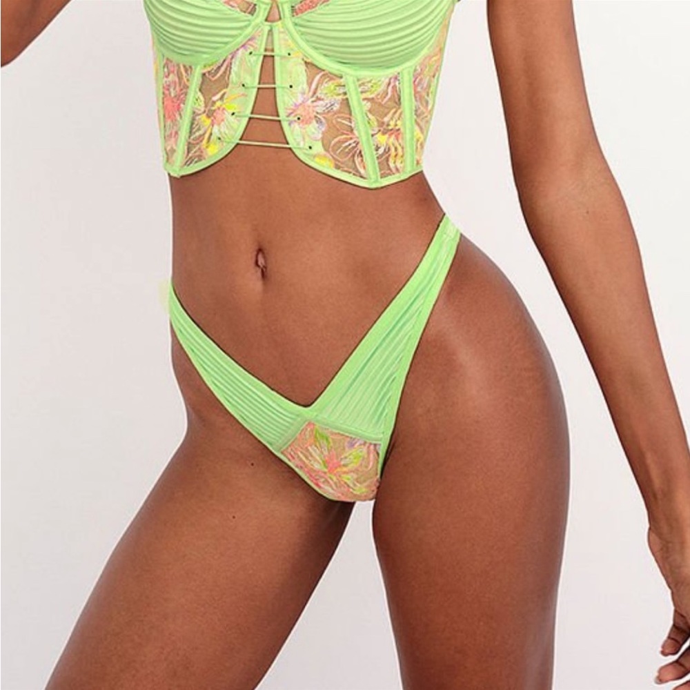 FOR LOVE & LEMONS Electric Fields NEON Lime Green Thong Panty X- SMALL